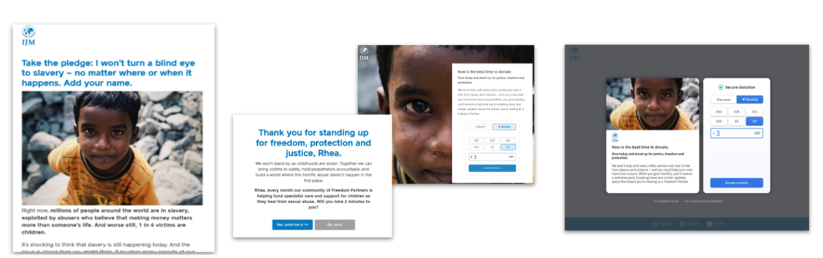 Three images showing different configurations of text and images for IJM’s pledges and donations